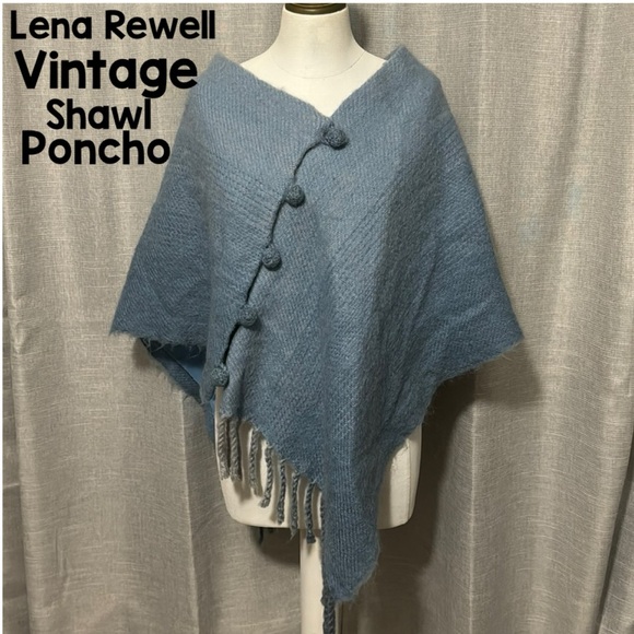 Vintage Lena Rewell Handwoven All Wool Shawl/Poncho-Ombré Blue with Fringe - Picture 1 of 16